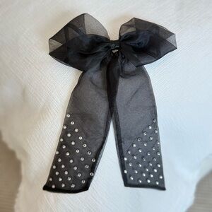 Large Black Sheer Hair Barrette Bow with Rhinestone Accents